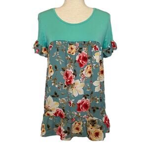 SUN & MOON Tunic Blouse Teal Size Small Multicolor Florals